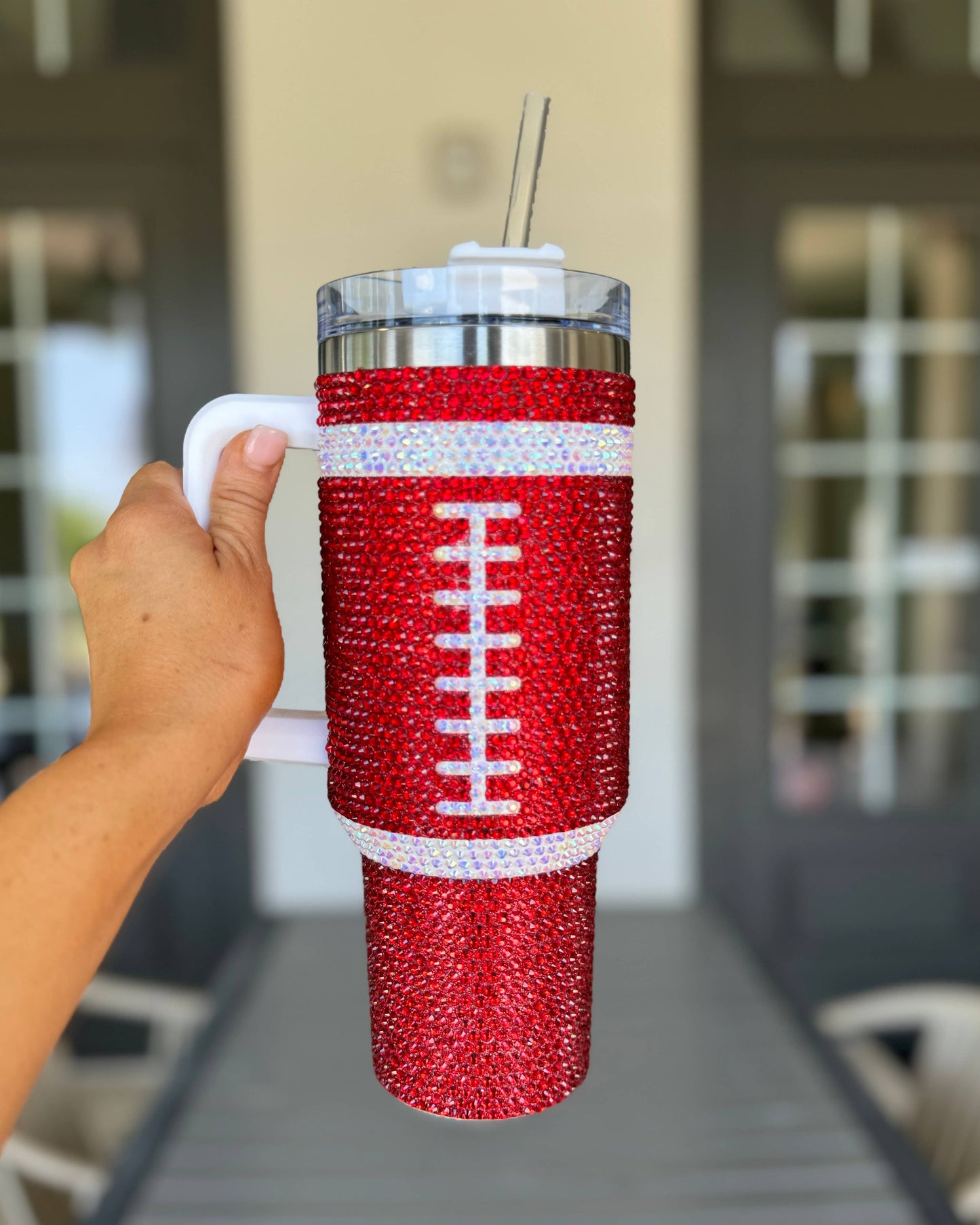 40 oz red crystal football tumbler
