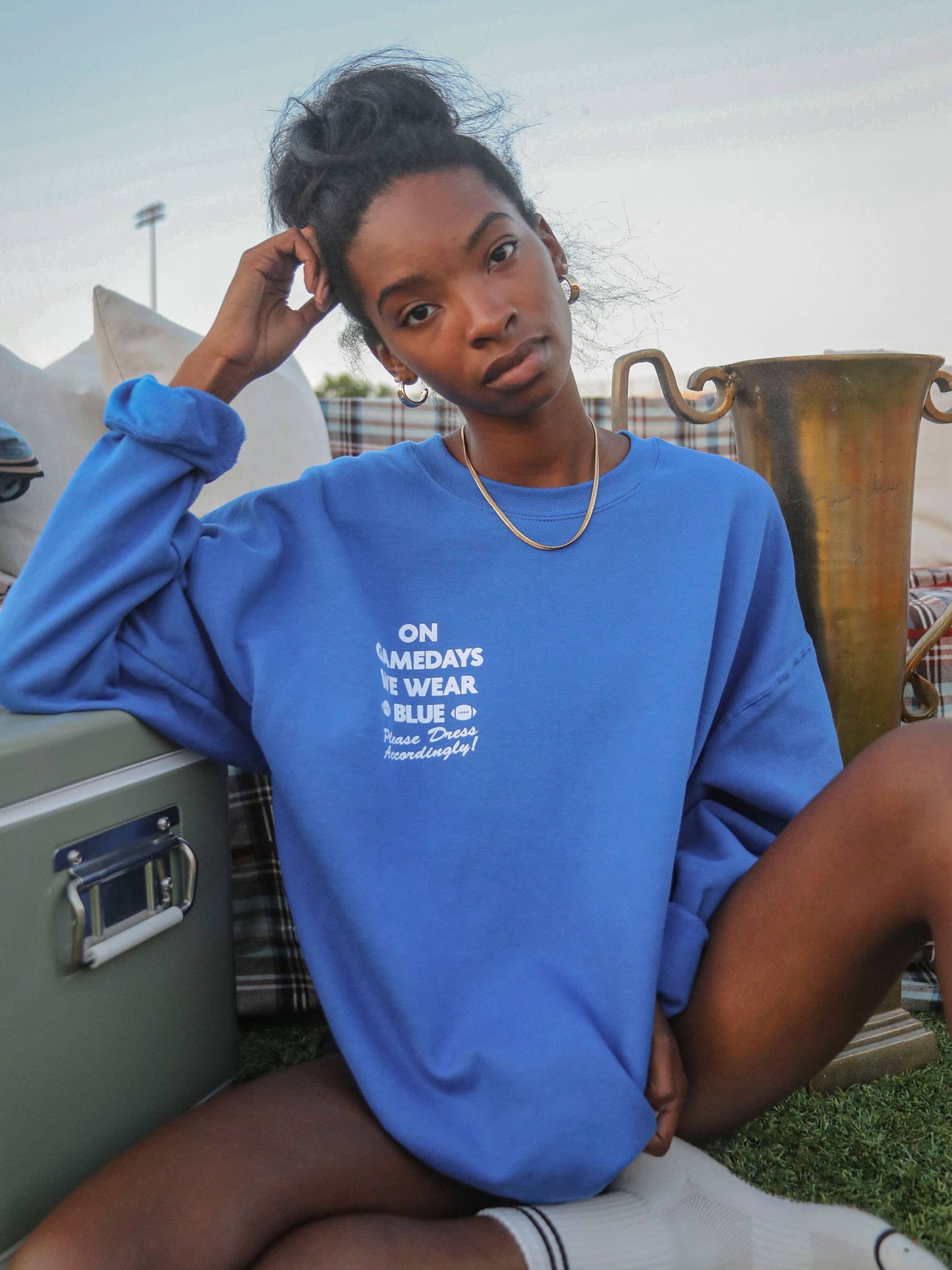 on gamedays we wear blue crewneck sweatshirt