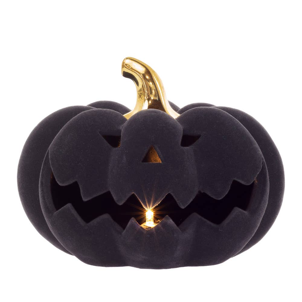 Large Black Flocked Velvet LED Jack O Lantern