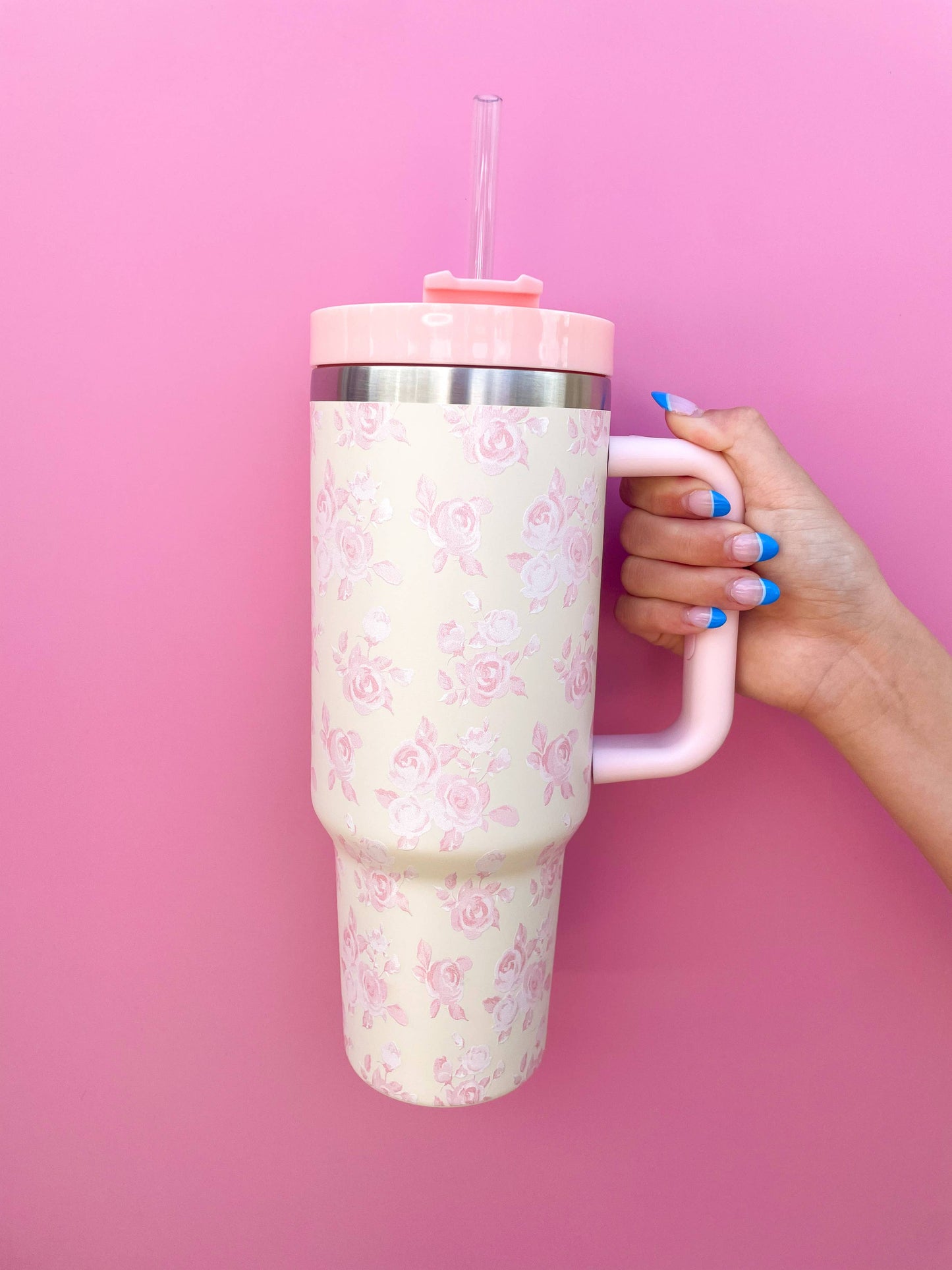 40 oz cream & pink floral tumbler