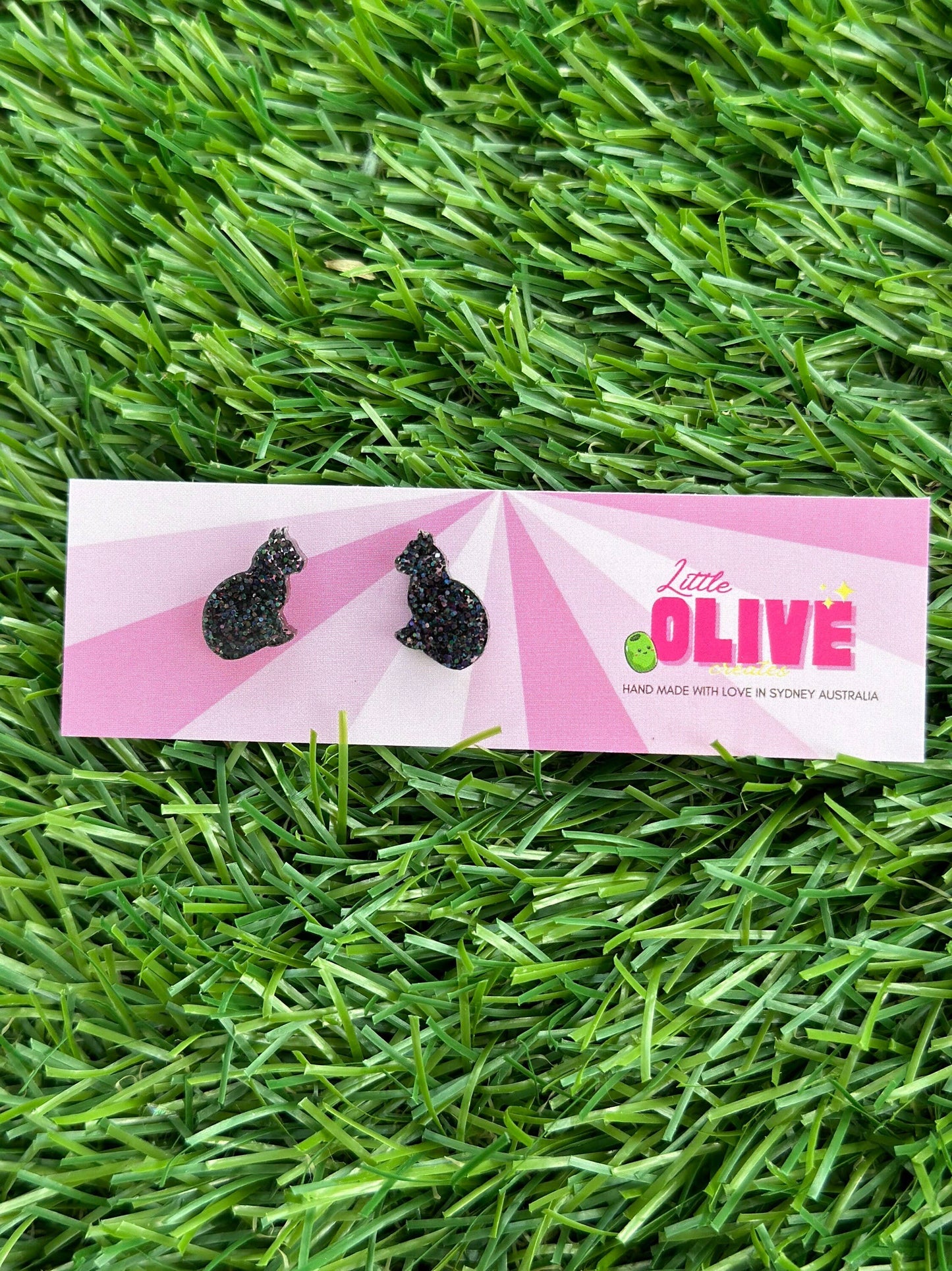glittery black cat earrings