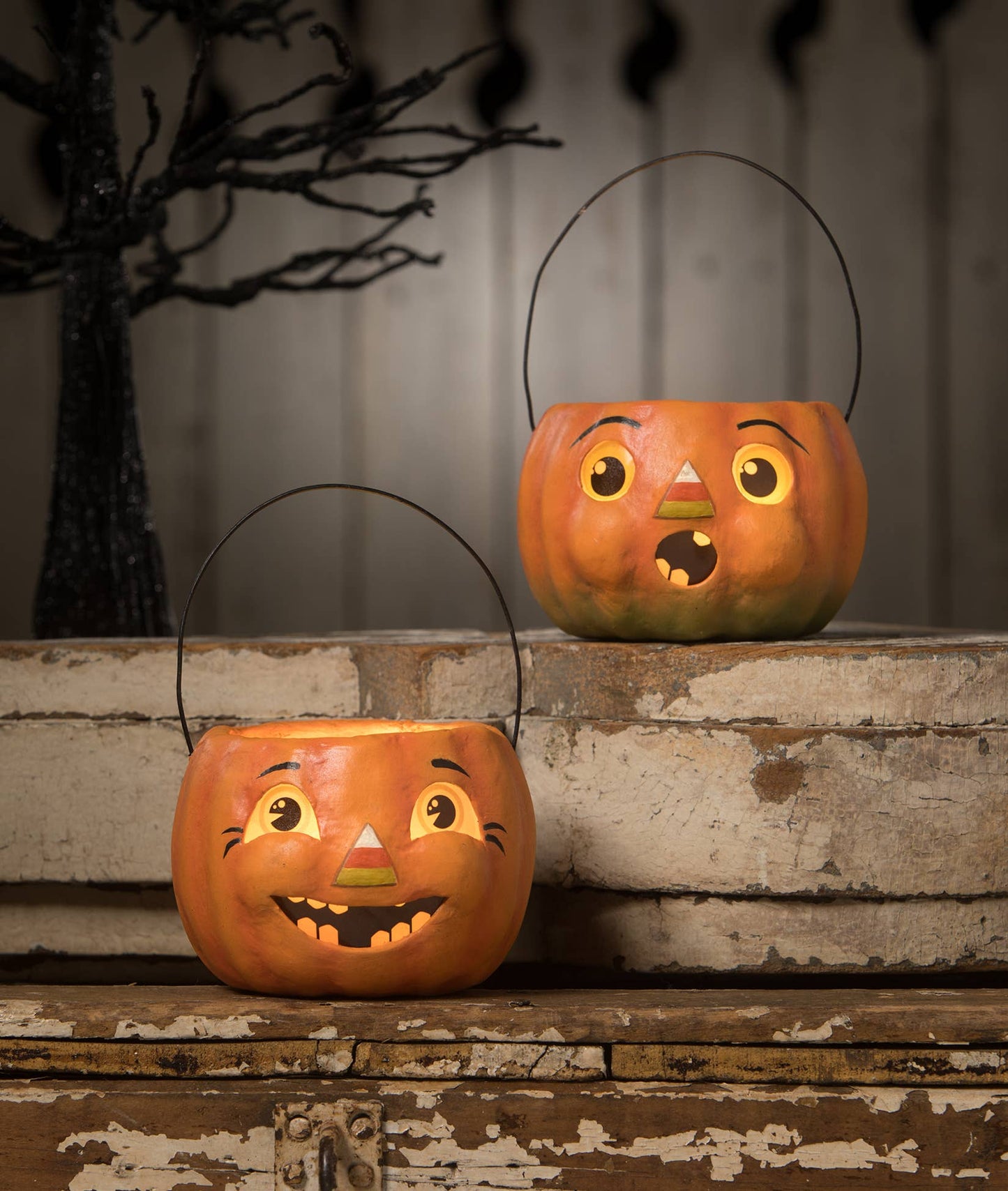 Happy Candy Corn Pumpkin Bucket Paper Mache Petite