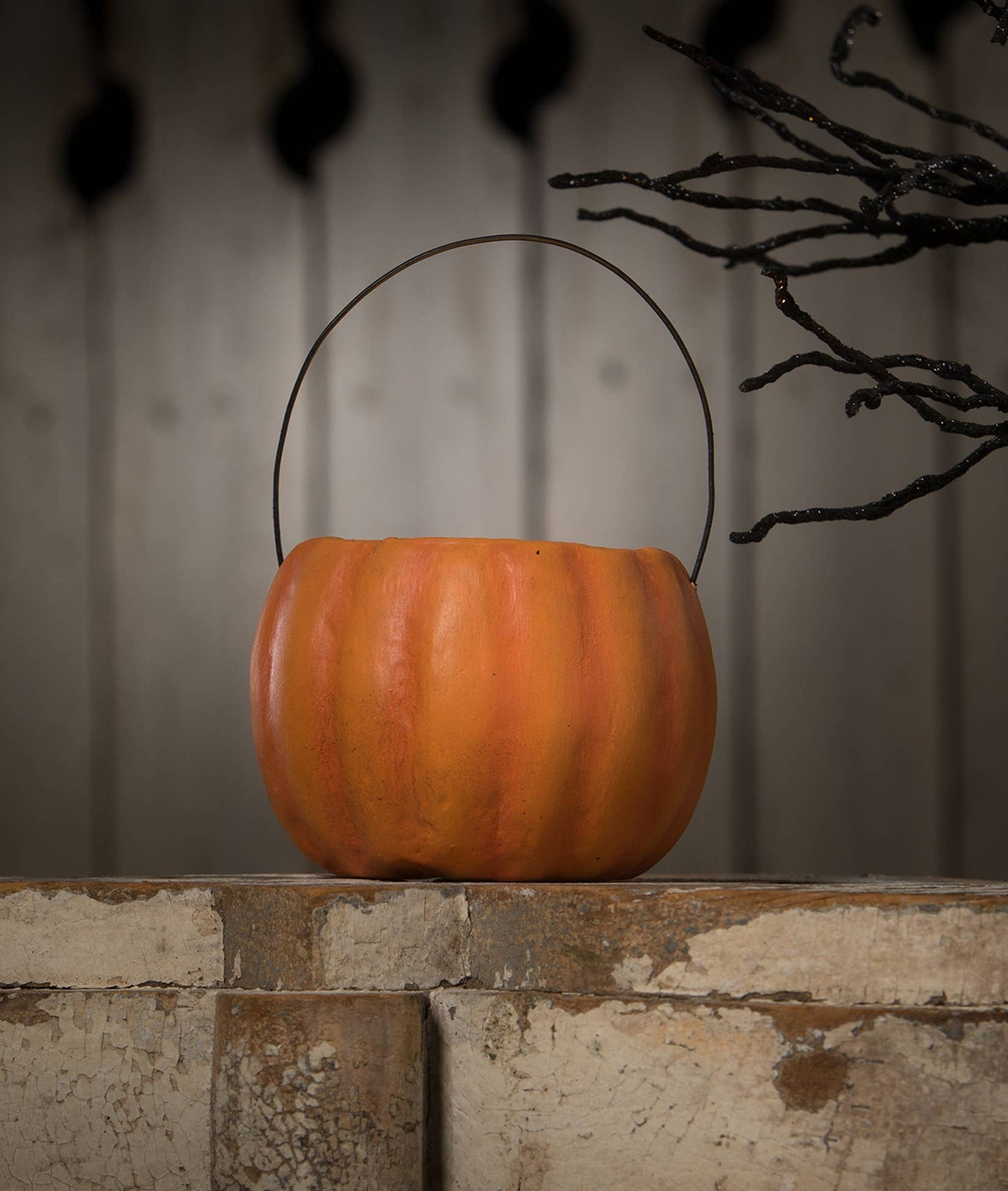 Happy Candy Corn Pumpkin Bucket Paper Mache Petite
