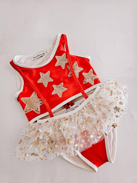 Red and Gold Stars Suspender Swimsuit