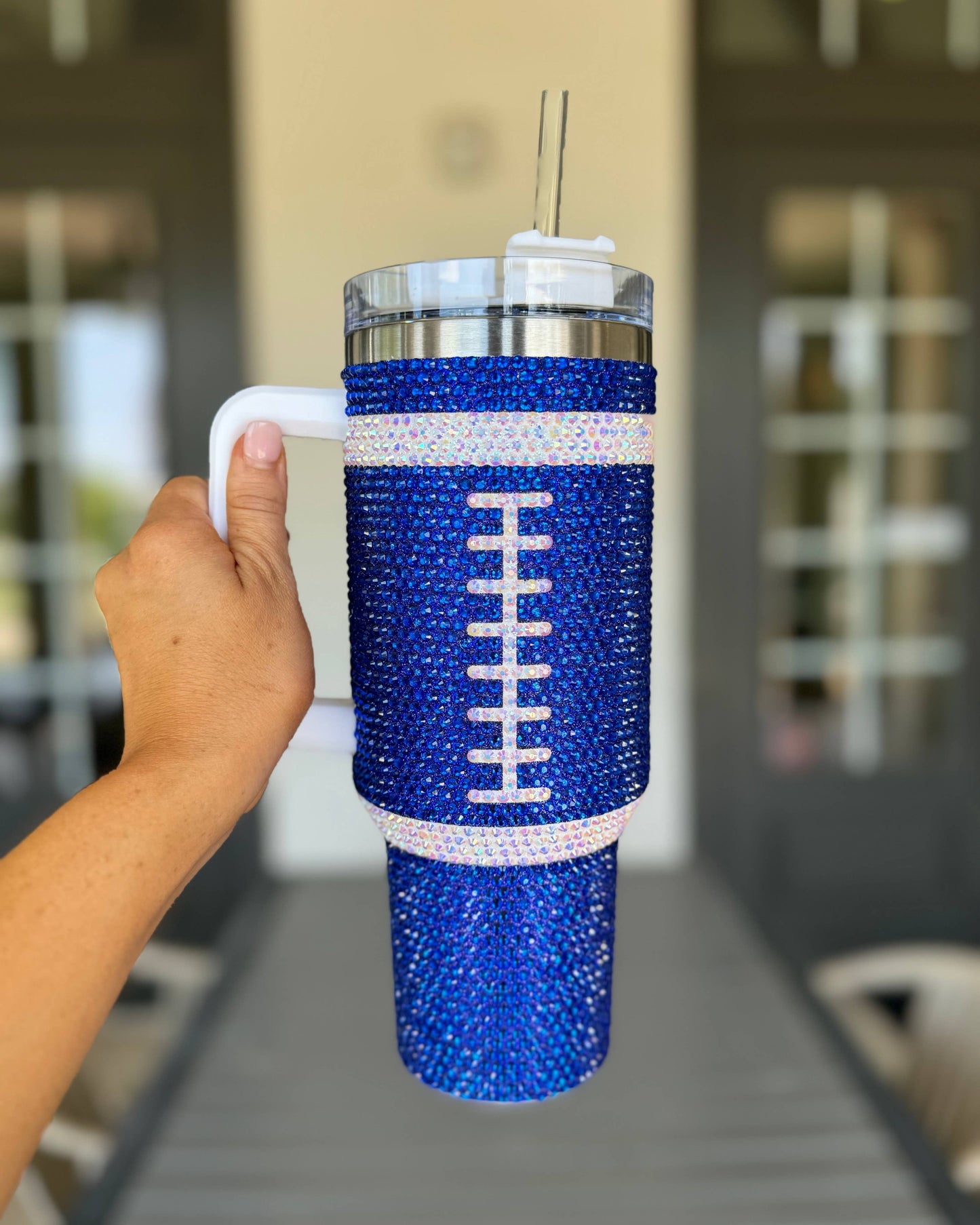 40 oz rhinestone blue football tumbler