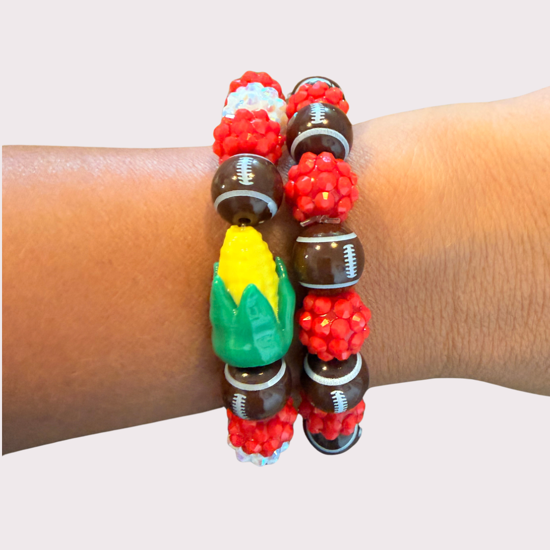 RED, WHITE and CORN FOOTBALL stretchy bracelet - STACK & RALLY by Florence and Jean (Copy)