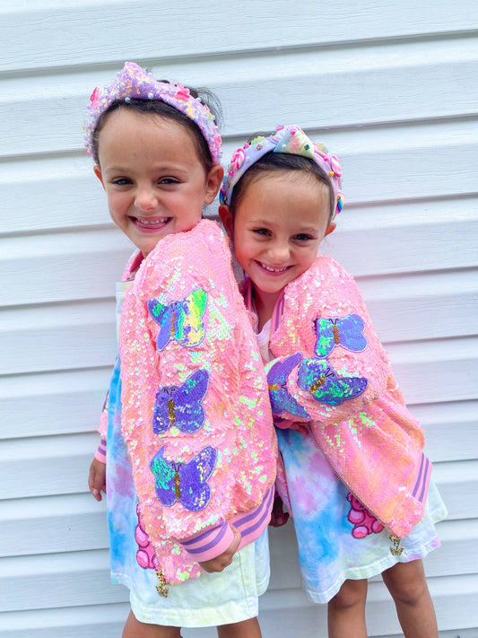 cotton candy pink sequins bomber jacket