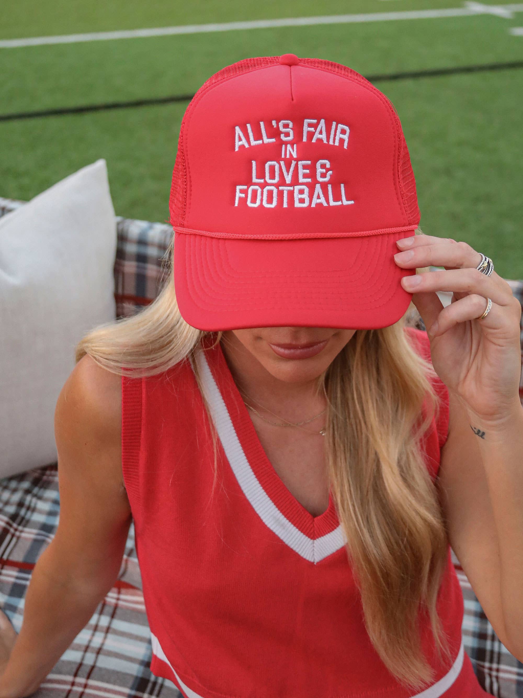 all's fair red trucker hat