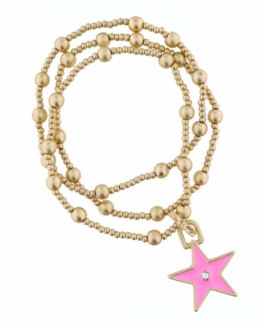Kids Set of 3 Gold Stretch with Pink Star Bracelet