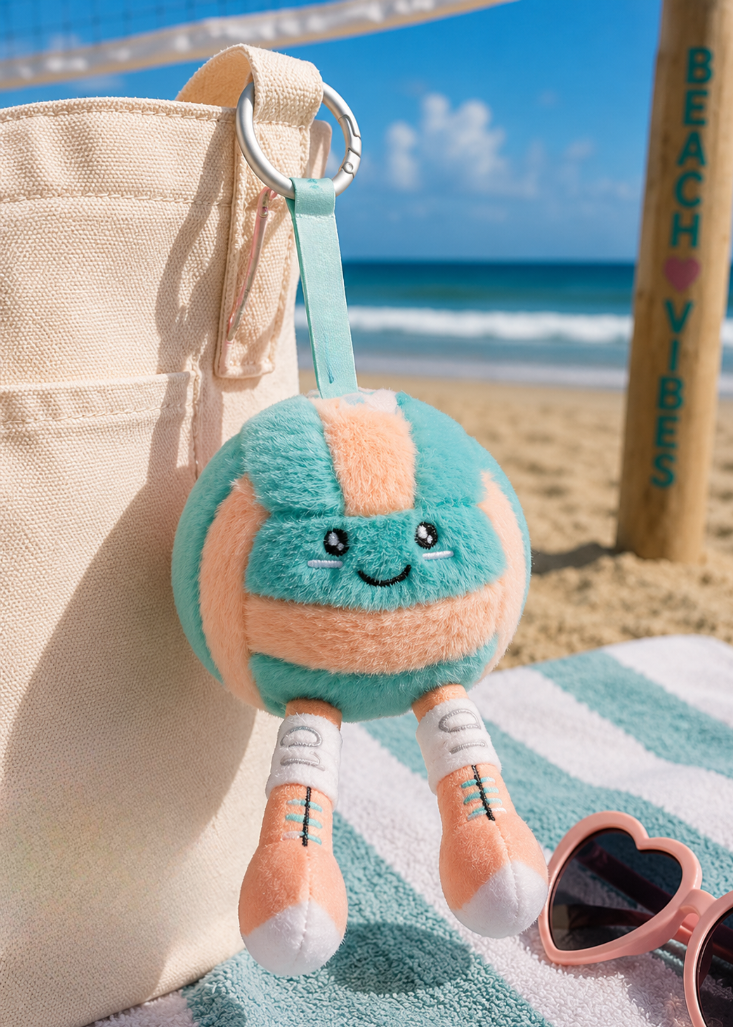 Teal and coral plushie volleyball keychain