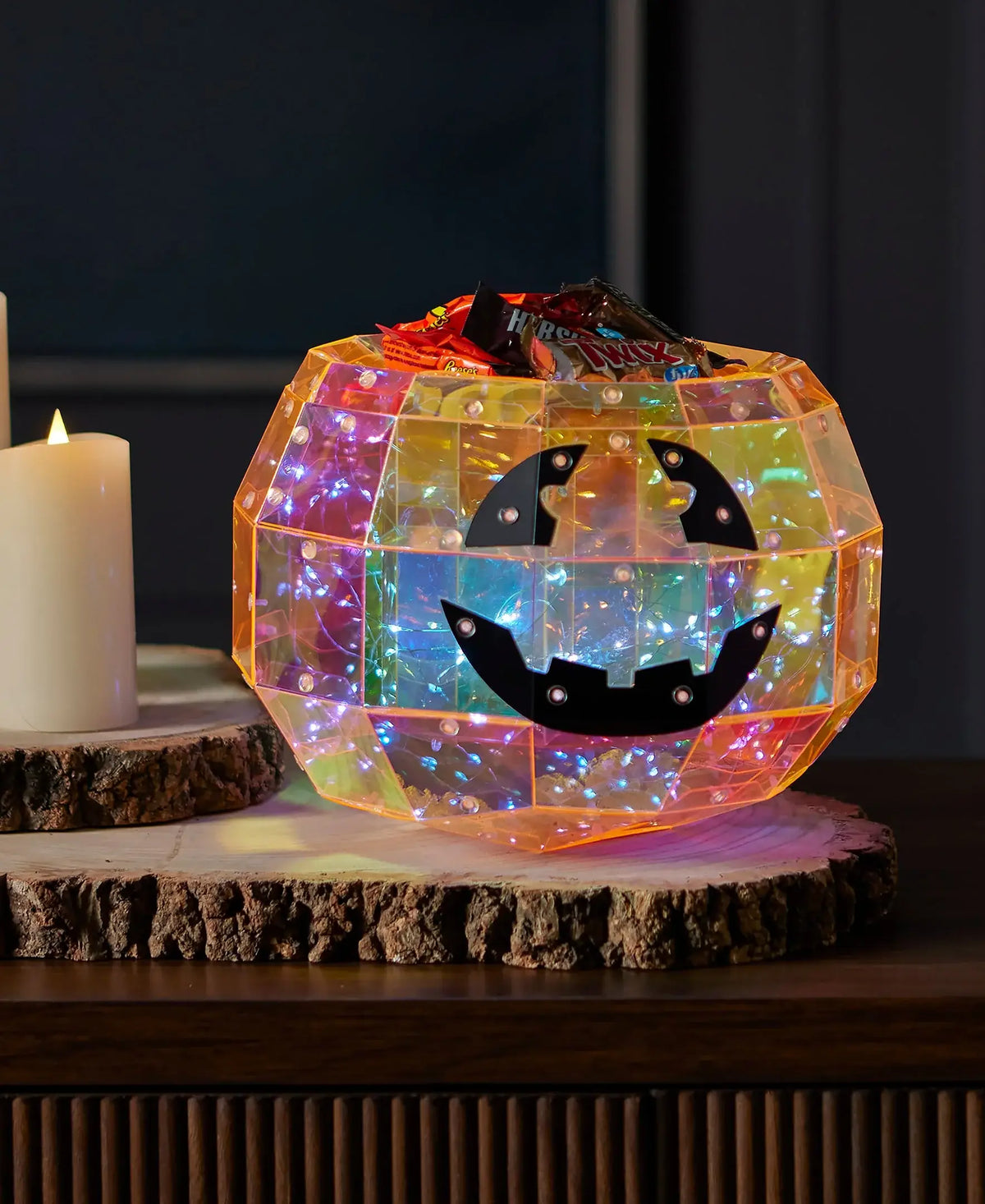 Iridescent Halloween Pumpkin Candy Bowl 9", LED lights