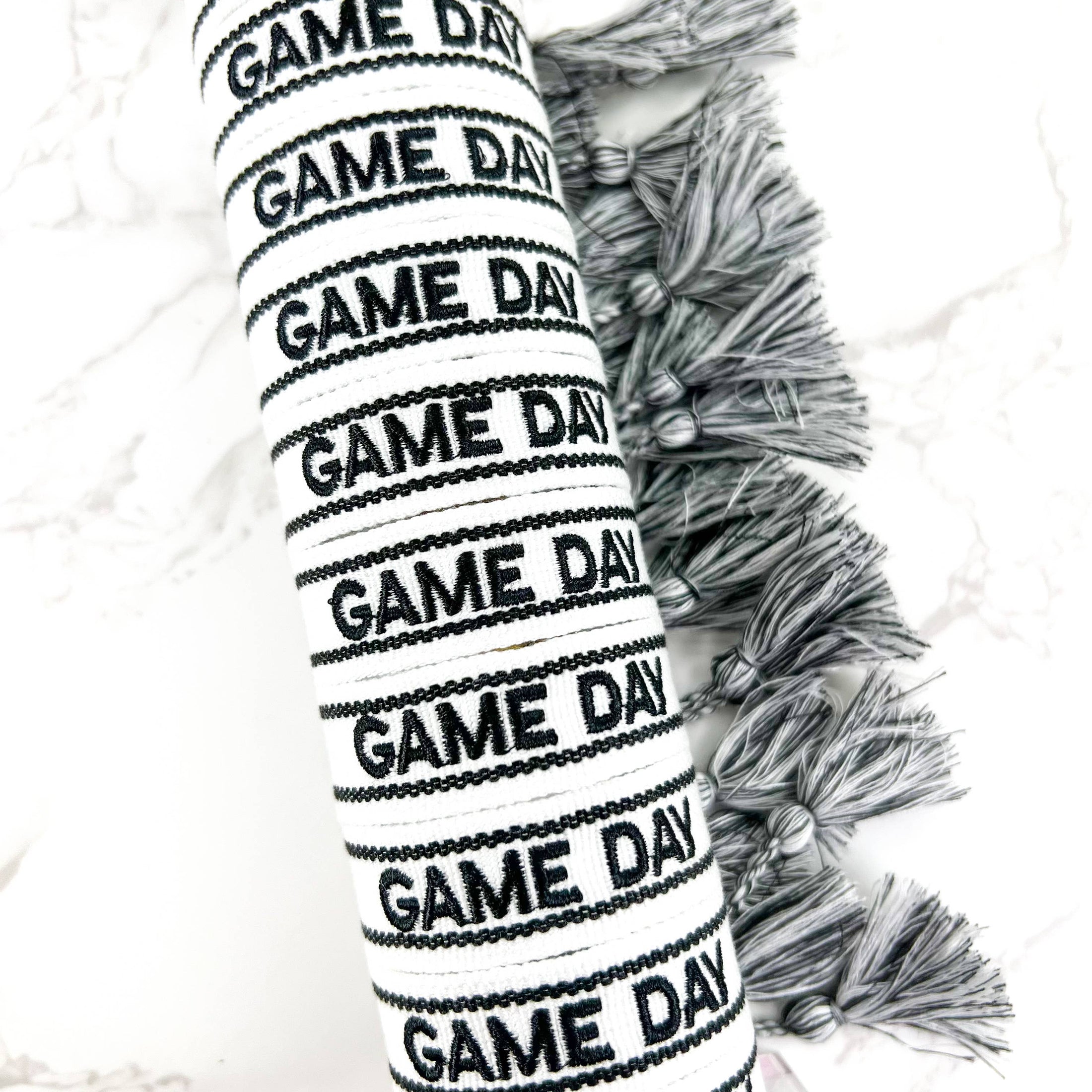 white and black game day embroidered bracelet