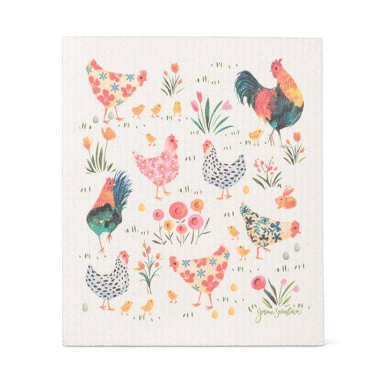 Roosters & Hens Dishcloth-6.75x7.5"L