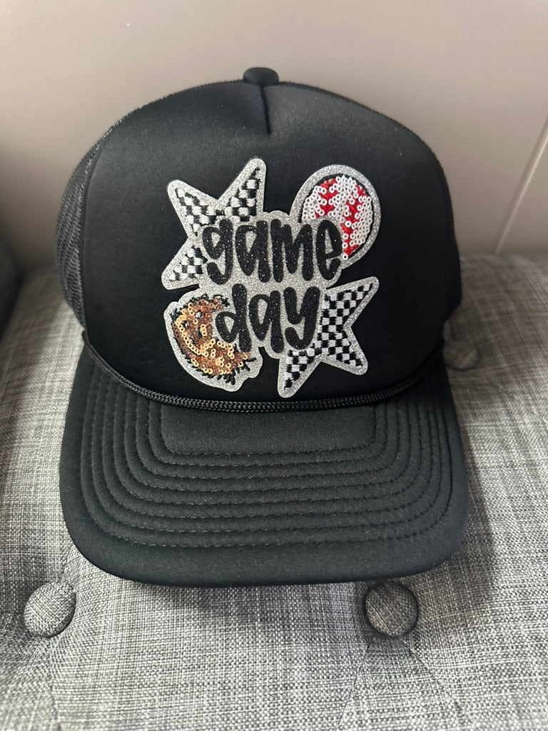 black baseball game day trucker