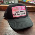 Load image into Gallery viewer, just here for the snacks trucker
