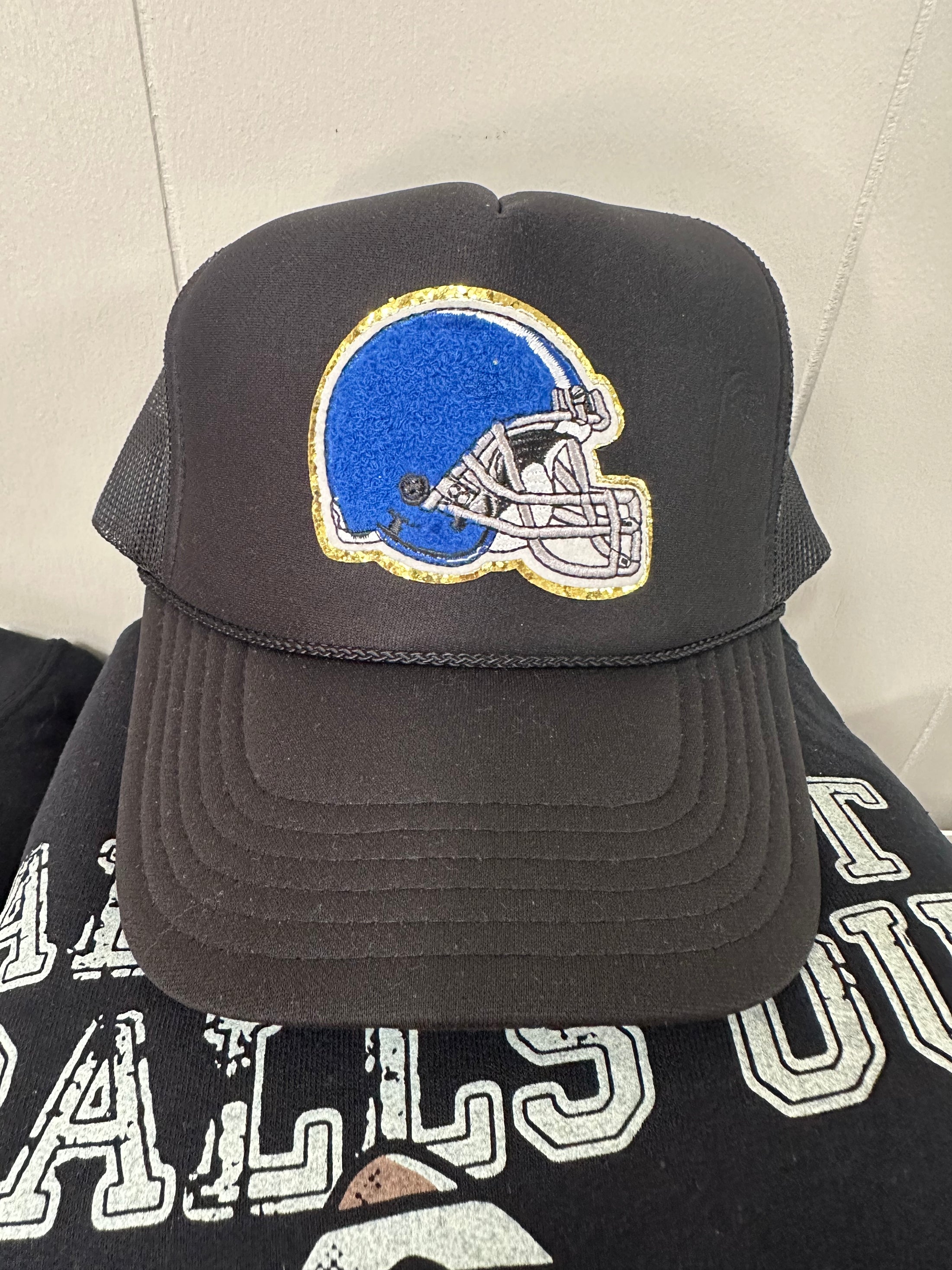 blue helmet trucker