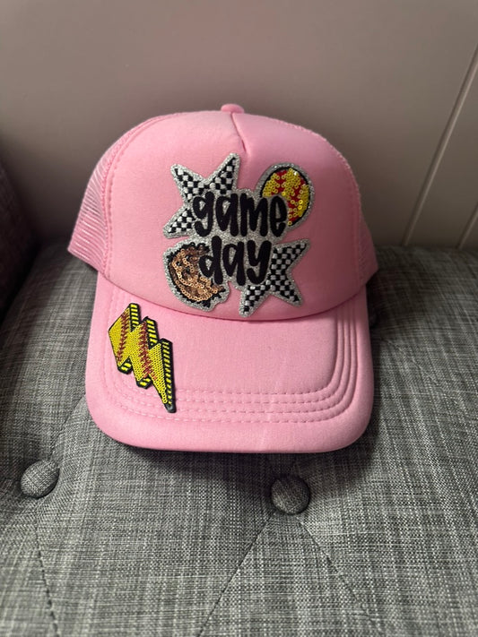 pink softball game day trucker