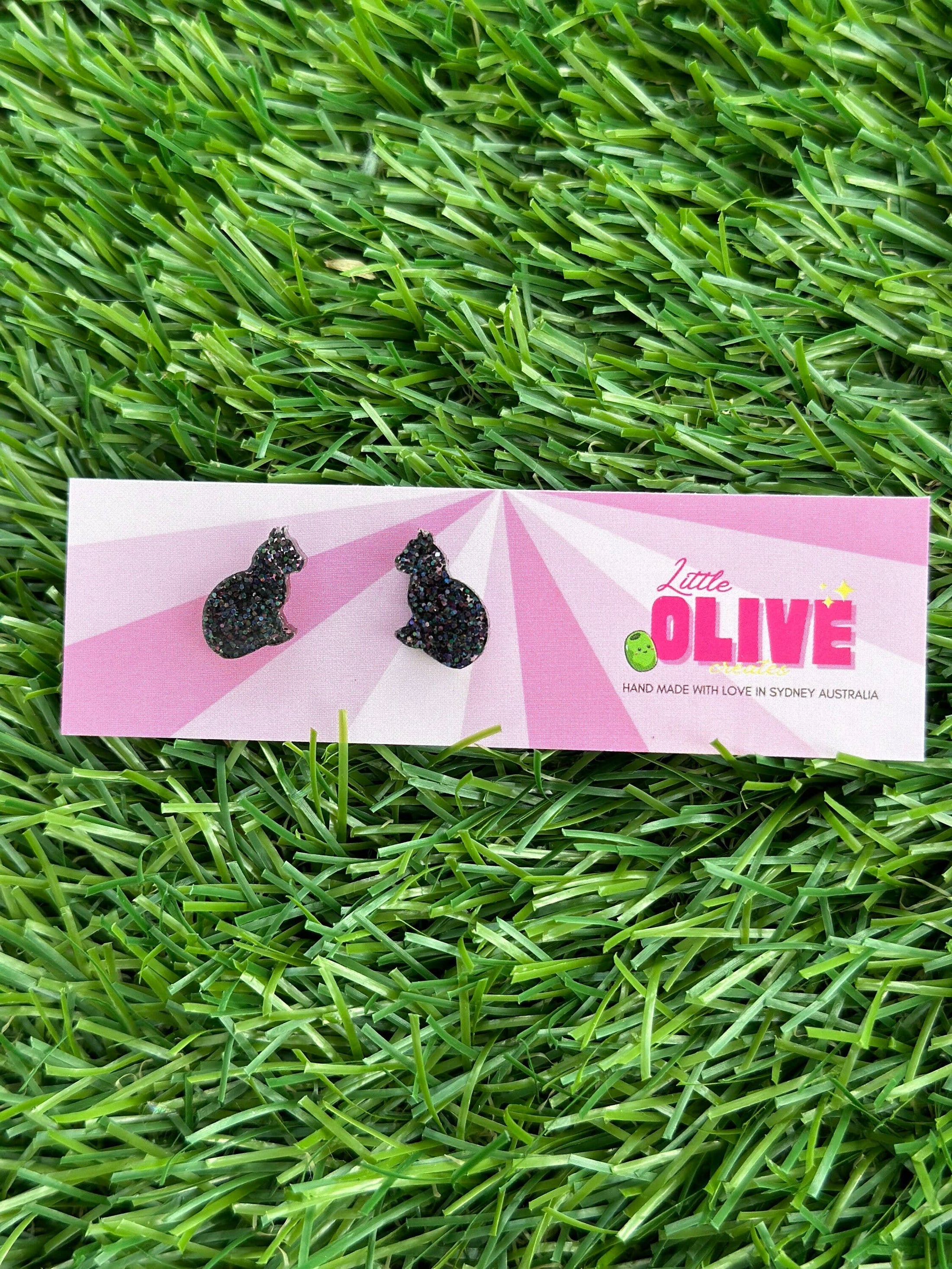 glittery black cat earrings - Florence and Jean