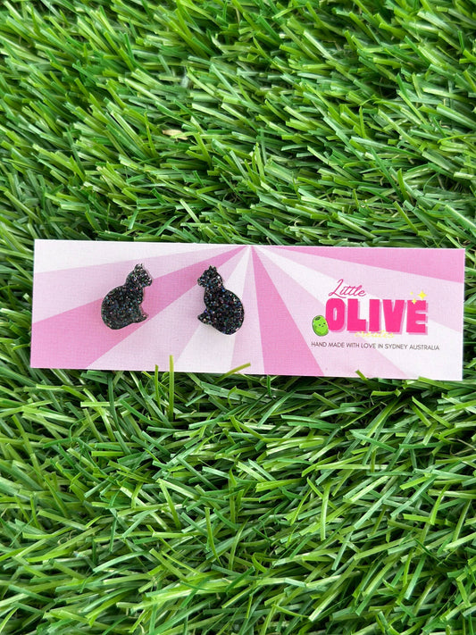 glittery black cat earrings
