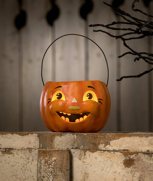 Happy Candy Corn Pumpkin Bucket Paper Mache Petite