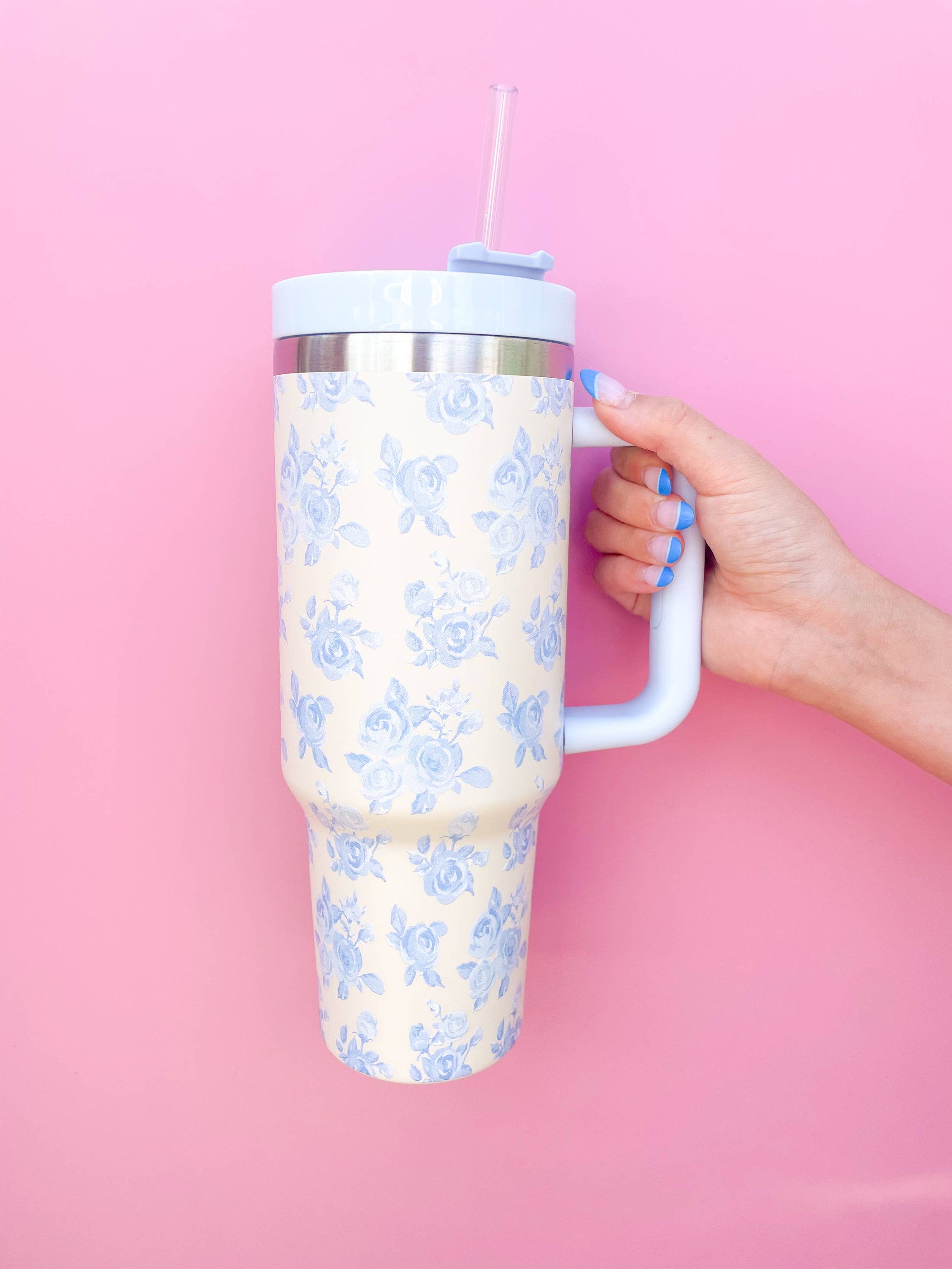 40 oz blue & pink floral tumbler